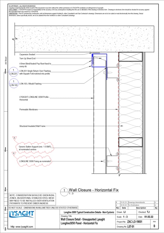 Navigate to L07-01 - Wall Closure Detail - Unsupported Lysaght Longline305® Panel - Horizontal Fix