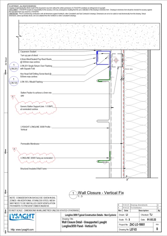 Navigate to L07-03 - Wall Closure Detail - Unsupported Lysaght Longline305® Panel - Vertical Fix