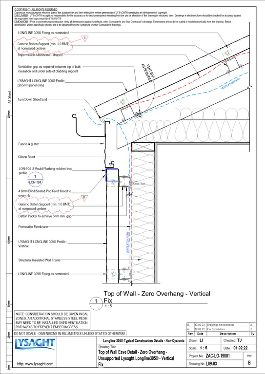 Navigate to L09-03 - Top of Wall Eave Detail - Zero Overhang - Unsupported Lysaght Longline305® - Vertical Fix
