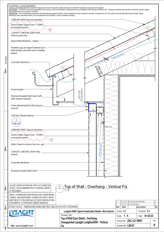 Navigate to L09-07 - Top of Wall Eave Detail - Overhang - Unsupported Lysaght Longline305® - Vertical Fix