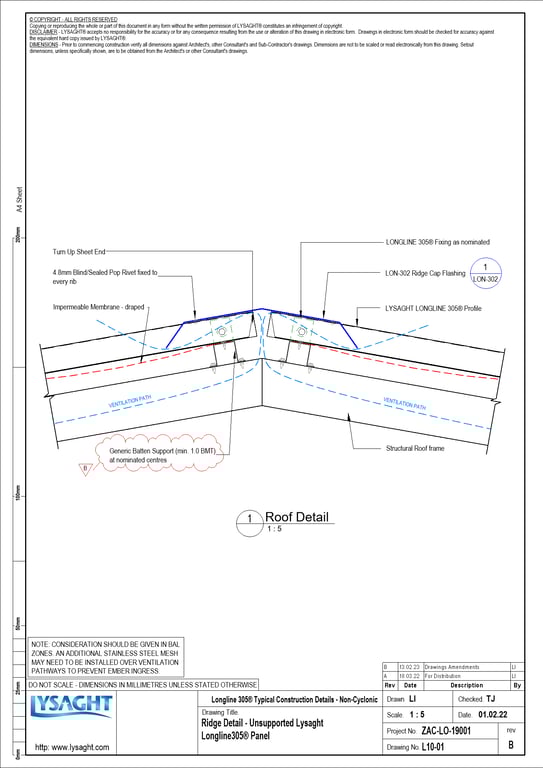 Navigate to L10-01 - Ridge Detail - Unsupported Lysaght Longline305® Panel