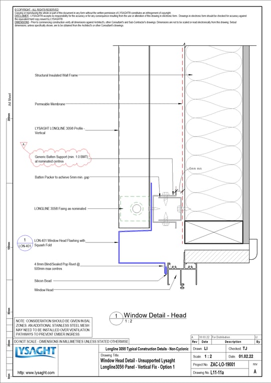 Navigate to L11-11a - Window Head Detail - Unsupported Lysaght Longline305® Panel - Vertical Fix - Option 1