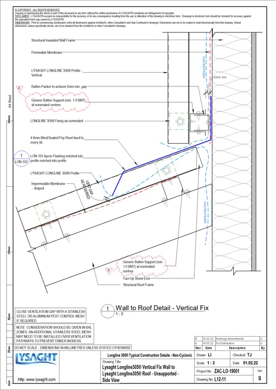 Navigate to L12-11 - Lysaght Longline305® Vertical Fix Wall to Lysaght Longline305® Roof - Unsupported - Side View