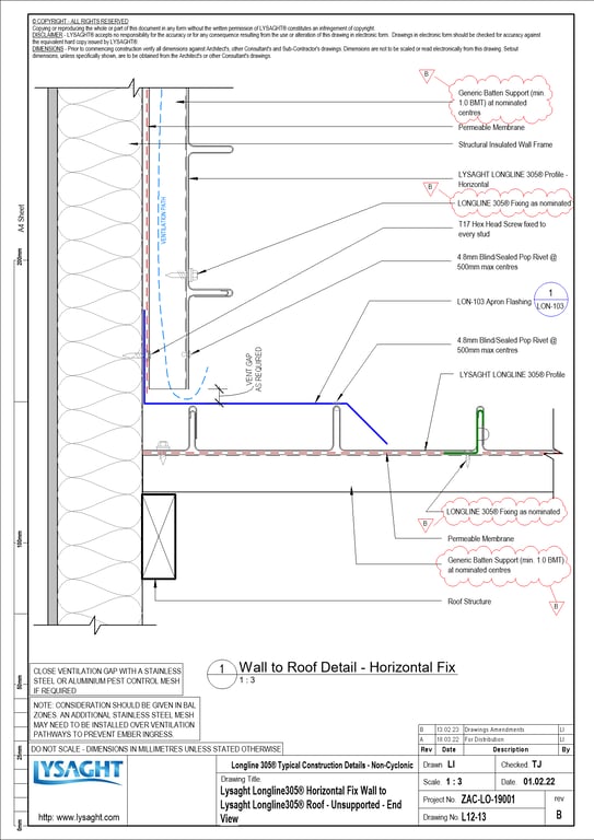 Navigate to L12-13 - Lysaght Longline305® Horizontal Fix Wall to Lysaght Longline305® Roof - Unsupported - End View