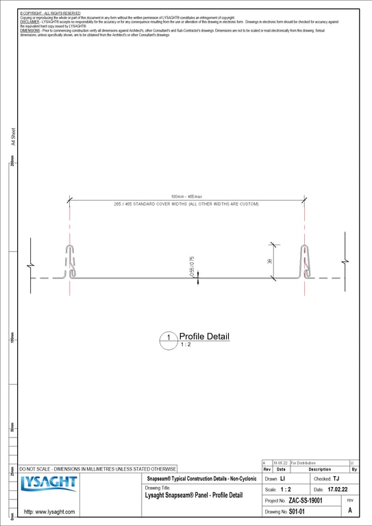 S01-01 - Lysaght Snapseam® Panel - Profile Detail