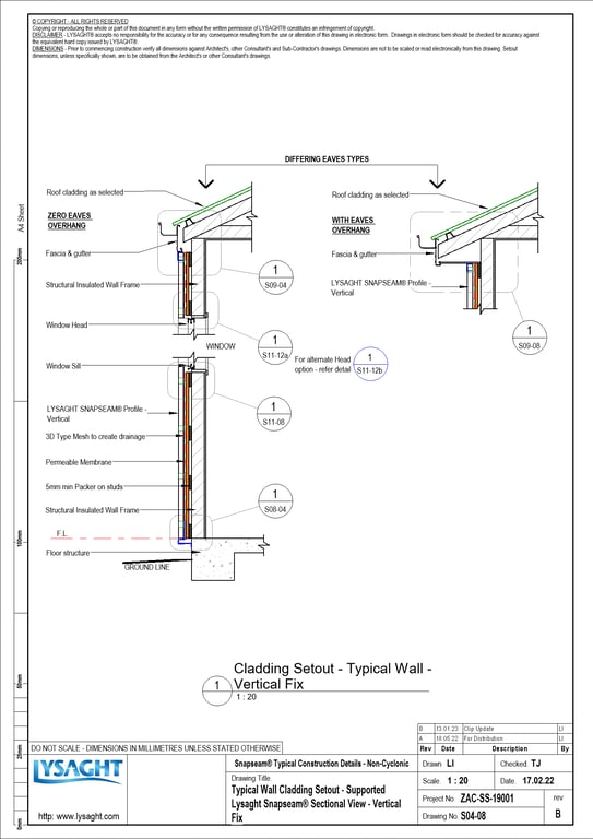  Image of S04-08 - Typical Wall Cladding Setout - Supported Lysaght Snapseam® Sectional View - Vertical Fix