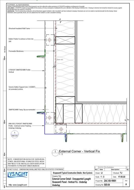 Navigate to S05-04 - External Corner Detail - Unsupported Lysaght Snaseam® Panel - Vertical Fix - Underlap Underlap