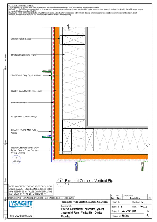 Navigate to S05-08 - External Corner Detail - Supported Lysaght Snapseam® Panel - Vertical Fix - Overlap Underlap