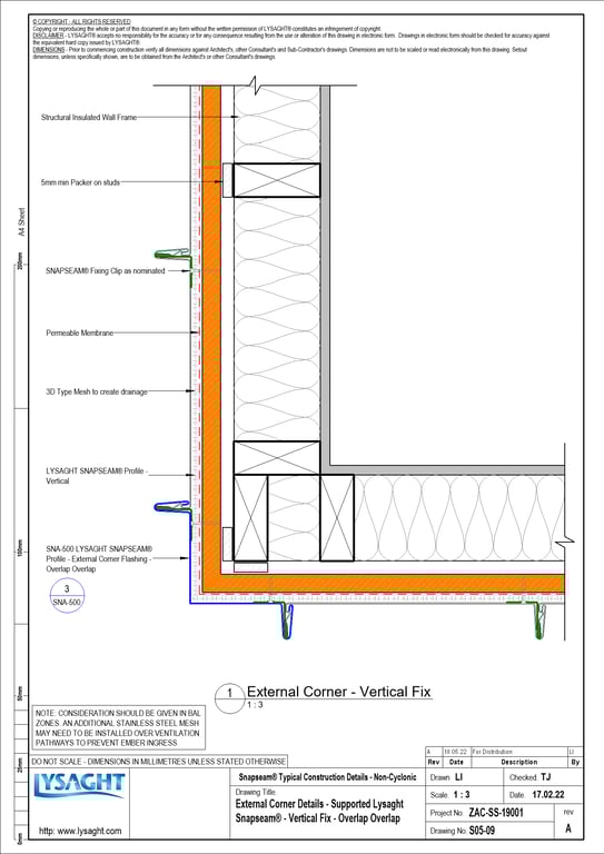 Navigate to S05-09 - External Corner Details - Supported Lysaght Snapseam® - Vertical Fix - Overlap Overlap
