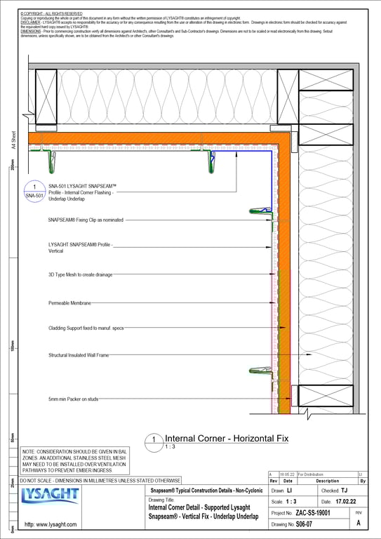 Navigate to S06-07 - Internal Corner Detail - Supported Lysaght Snapseam® - Vertical Fix - Underlap Underlap