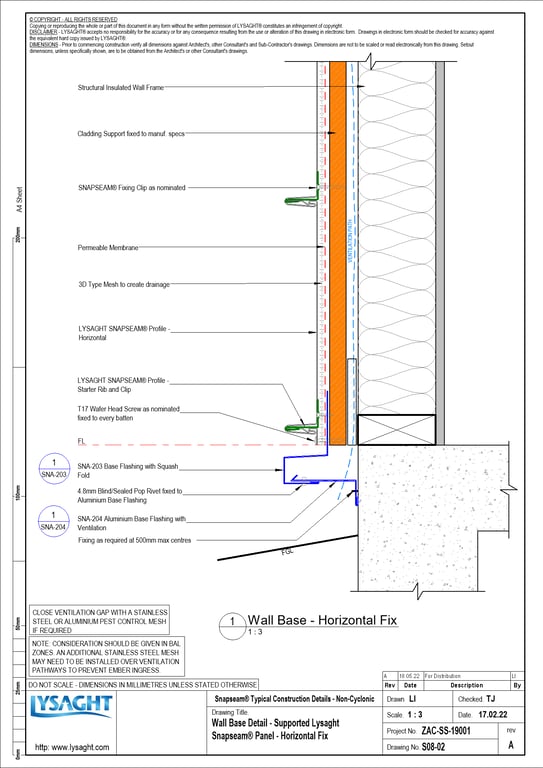  Image of S08-02 - Wall Base Detail - Supported Lysaght Snapseam® Panel - Horizontal Fix