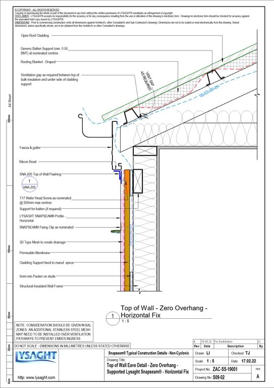 Navigate to S09-02 - Top of Wall Eave Detail - Zero Overhang - Supported Lysaght Snapseam® - Horizontal Fix