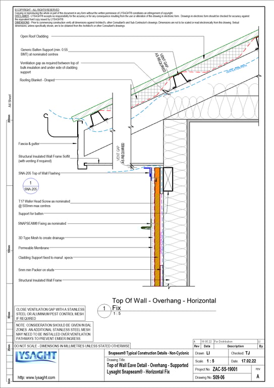 Navigate to S09-06 - Top of Wall Eave Detail - Overhang - Supported Lysaght Snapseam® - Horizontal Fix
