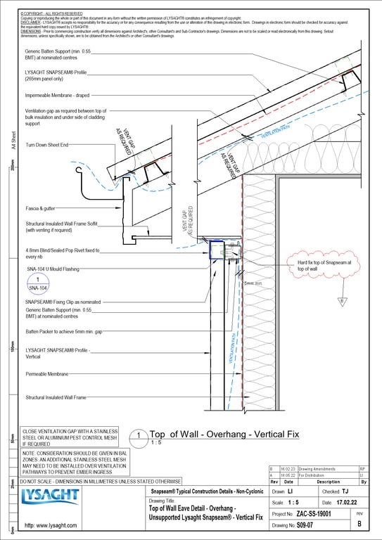 Navigate to S09-07 - Top of Wall Eave Detail - Overhang - Unsupported Lysaght Snapseam® - Vertical Fix