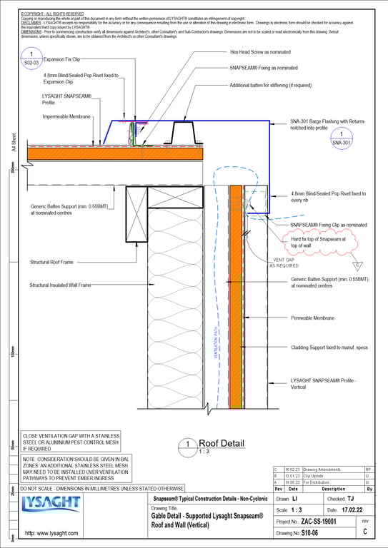 S10-06 - Gable Detail - Supported Lysaght Snapseam® Roof and Wall (Vertical)