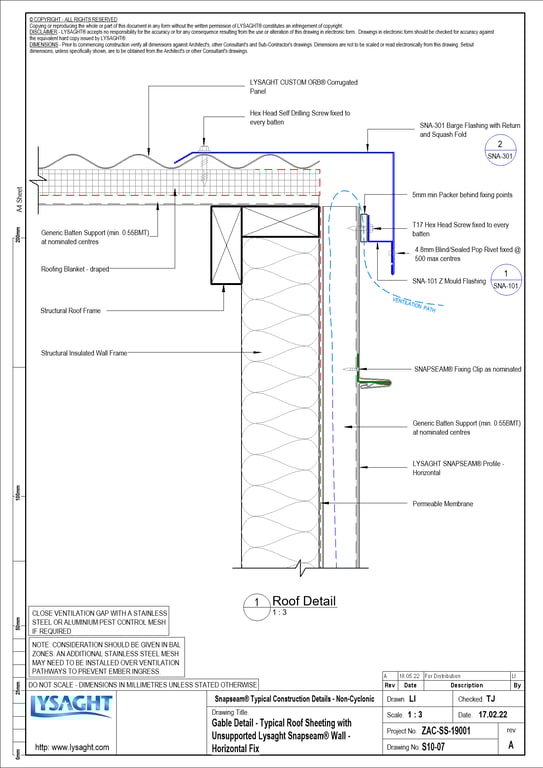  Image of S10-07 - Gable Detail - Typical Roof Sheeting with Unsupported Lysaght Snapseam® Wall - Horizontal Fix