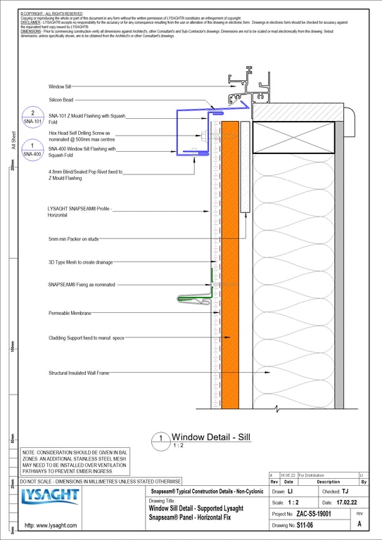  Image of S11-06 - Window Sill Detail - Supported Lysaght Snapseam® Panel - Horizontal Fix
