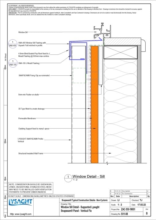 Navigate to S11-08 - Window Sill Detail - Supported Lysaght Snapseam® Panel - Vertical Fix