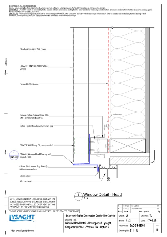Navigate to S11-11b - Window Head Detail - Unsupported Lysaght Snapseam® Panel - Vertical Fix - Option 2
