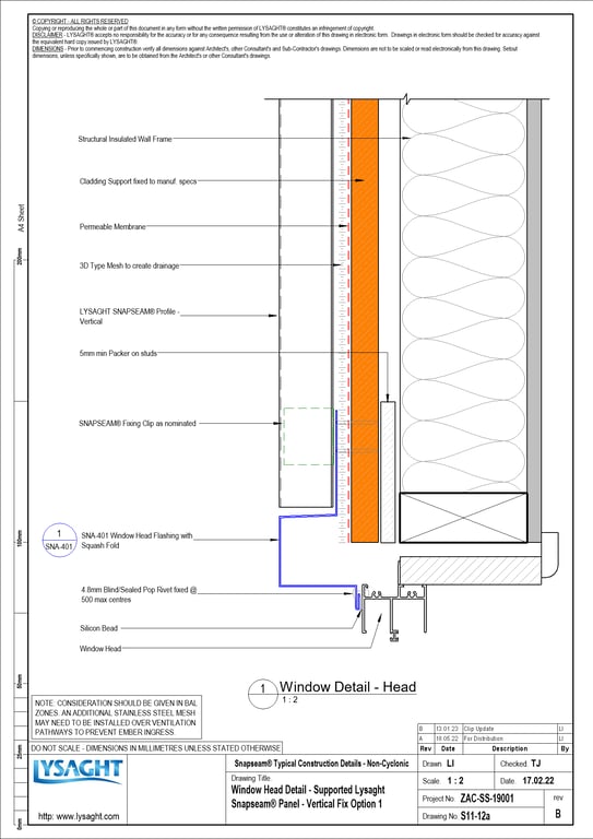 Navigate to S11-12a - Window Head Detail - Supported Lysaght Snapseam® Panel - Vertical Fix Option 1