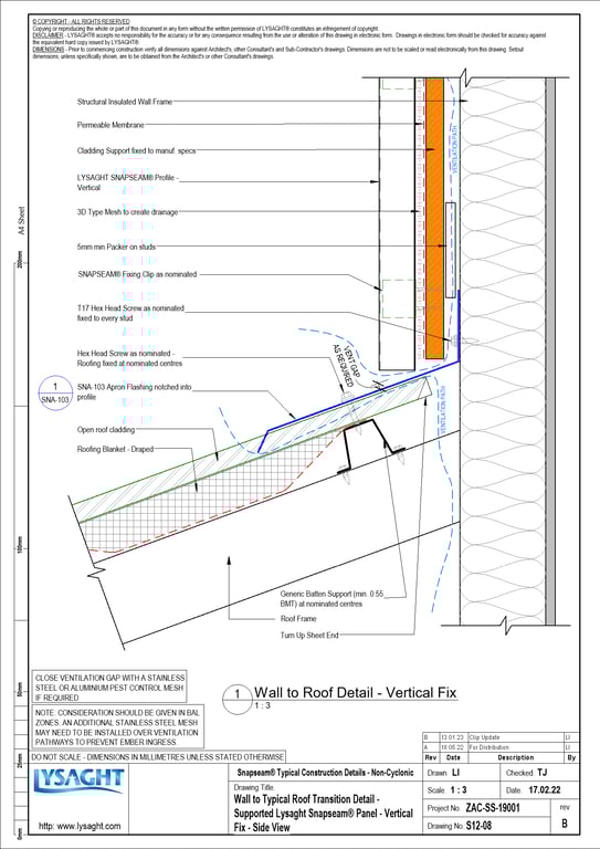 Navigate to S12-08 - Wall to Typical Roof Transition Detail - Supported Lysaght Snapseam® Panel - Vertical Fix - Side View
