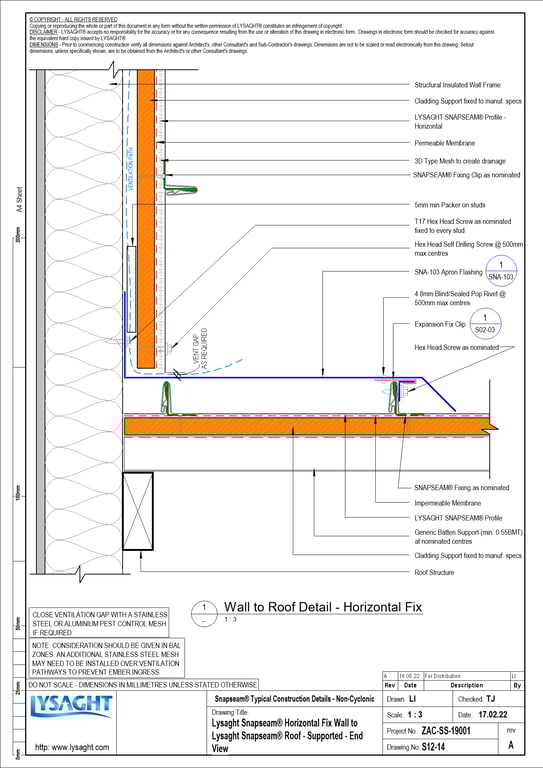 Navigate to S12-14 - Lysaght Snapseam® Horizontal Fix Wall to Lysaght Snapseam® Roof - Supported - End View