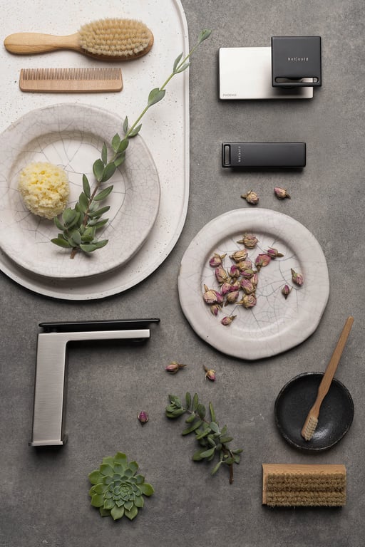 116-7703-40 116-7803-40 116-9000-10 116-9002-10 116-9003-10 Phoenix Zimi Collection Matte Black Flatlay RGB.jpg Image of Mixer Basin Phoenix Zimi