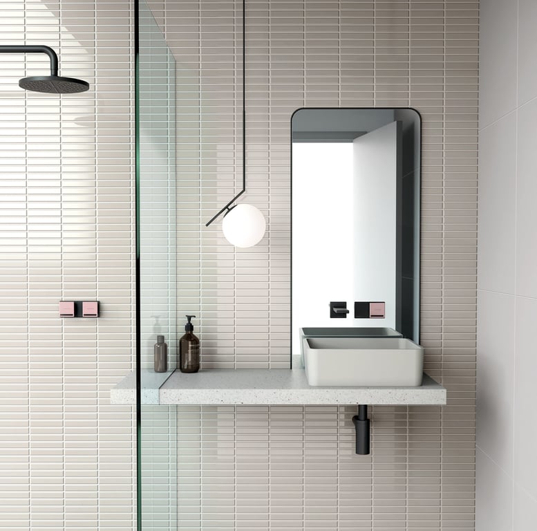 116-7803-10 116-7610-10 116-7923-10 116-9002-83 Phoenix Zimi Shower Mixer and Twin Shower Mixer and Wall Outlet Lifestyle RGB.jpg Image of Spout Wall Phoenix Zimi Basin