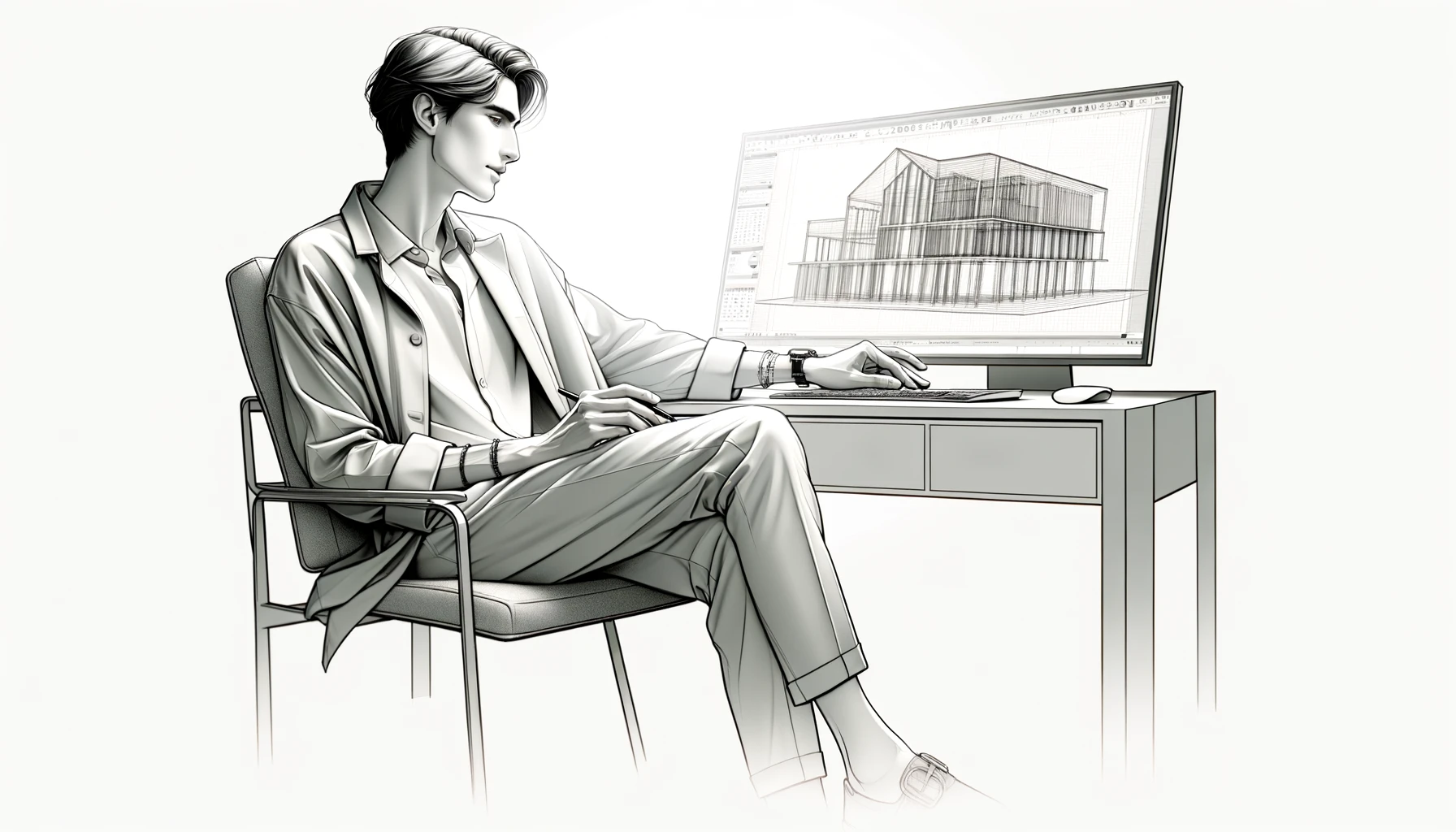 Man sitting at desk looking at BIM content model on a computer screen