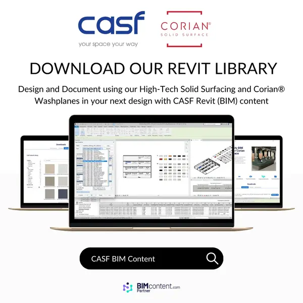 The announcement image for the CASF Corian Revit Library by BIMcontent.com and IGS Group