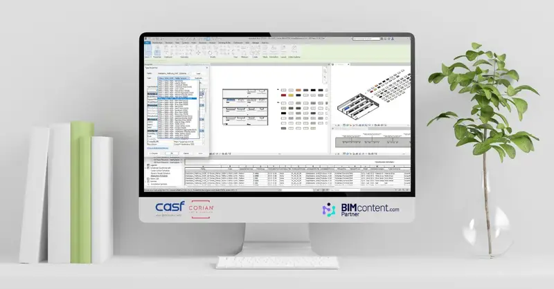 A screenshot of the CASF Corian BIM Content Revit Library featuring Basins, Washplanes and more.